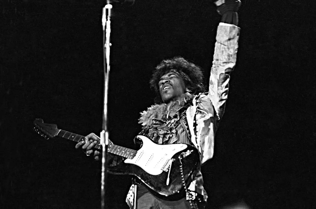 Jimi Hendrix (1942-1970) performs onstage at the Monterey Pop Festival on June 18, 1967 in Monterey, Calif.